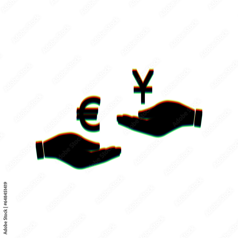 Poster currency exchange from hand to hand. euro and yuan. black icon with vertical effect of color edge ab