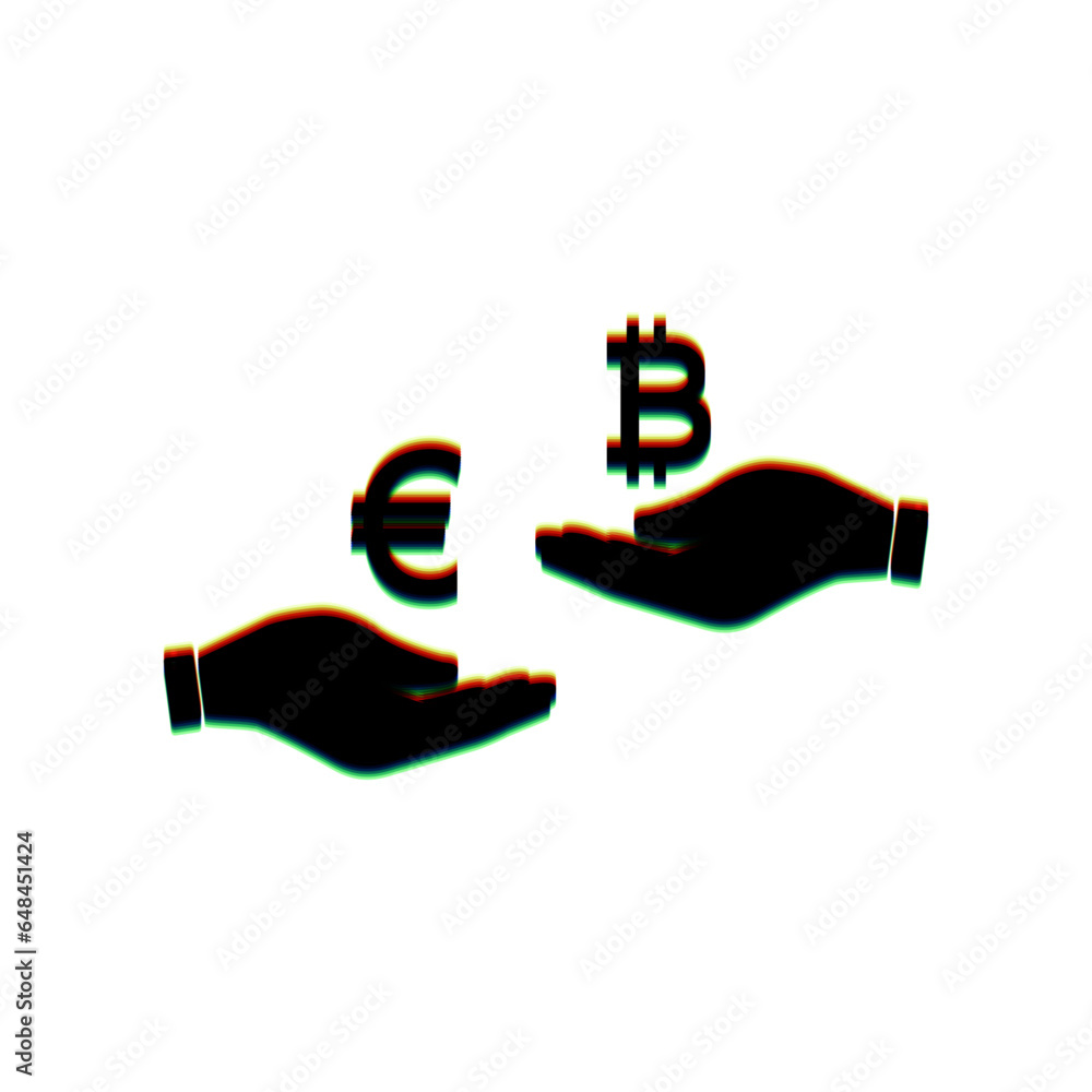 Poster currency exchange from hand to hand. euro an bitcoin. black icon with vertical effect of color edge 