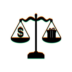 Gift and dollar symbol on scales. Black Icon with vertical effect of color edge aberration at white background. Illustration.