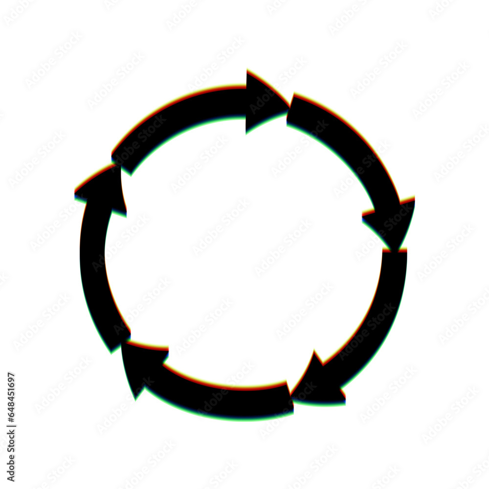 Poster circular arrows sign. black icon with vertical effect of color edge aberration at white background. 