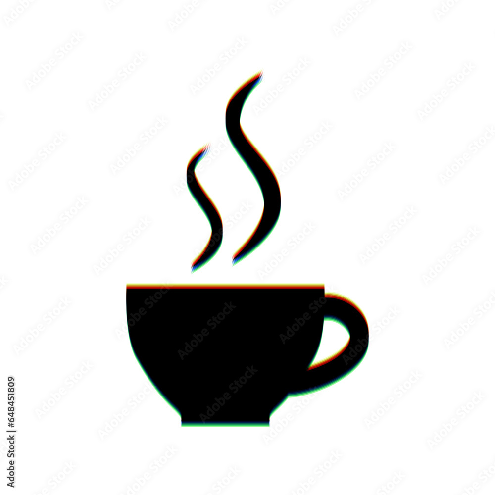 Poster cup sign with two small streams of smoke. black icon with vertical effect of color edge aberration a