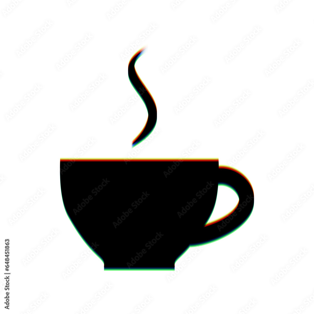 Poster cup sign with one small stream of smoke. black icon with vertical effect of color edge aberration at