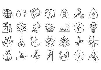 Fototapeta na wymiar Ecology icons set. Eco friendly. Line minimalistic style. Collection of web icons such as recycling, alternative energy source, eco house, environmental protection, global warming. Editable Stroke