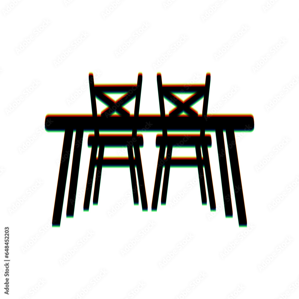 Poster table and chairs sign. black icon with vertical effect of color edge aberration at white background.