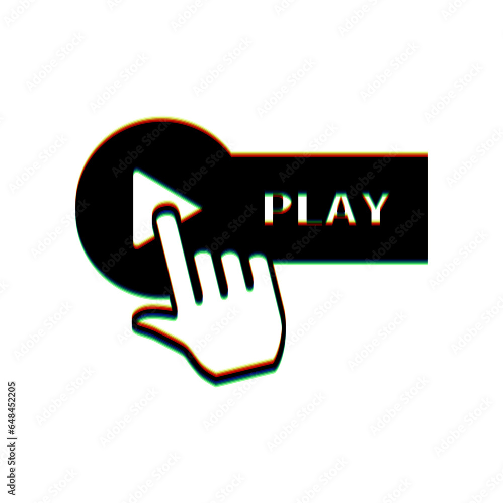 Poster play button with hand icon sign. black icon with vertical effect of color edge aberration at white b