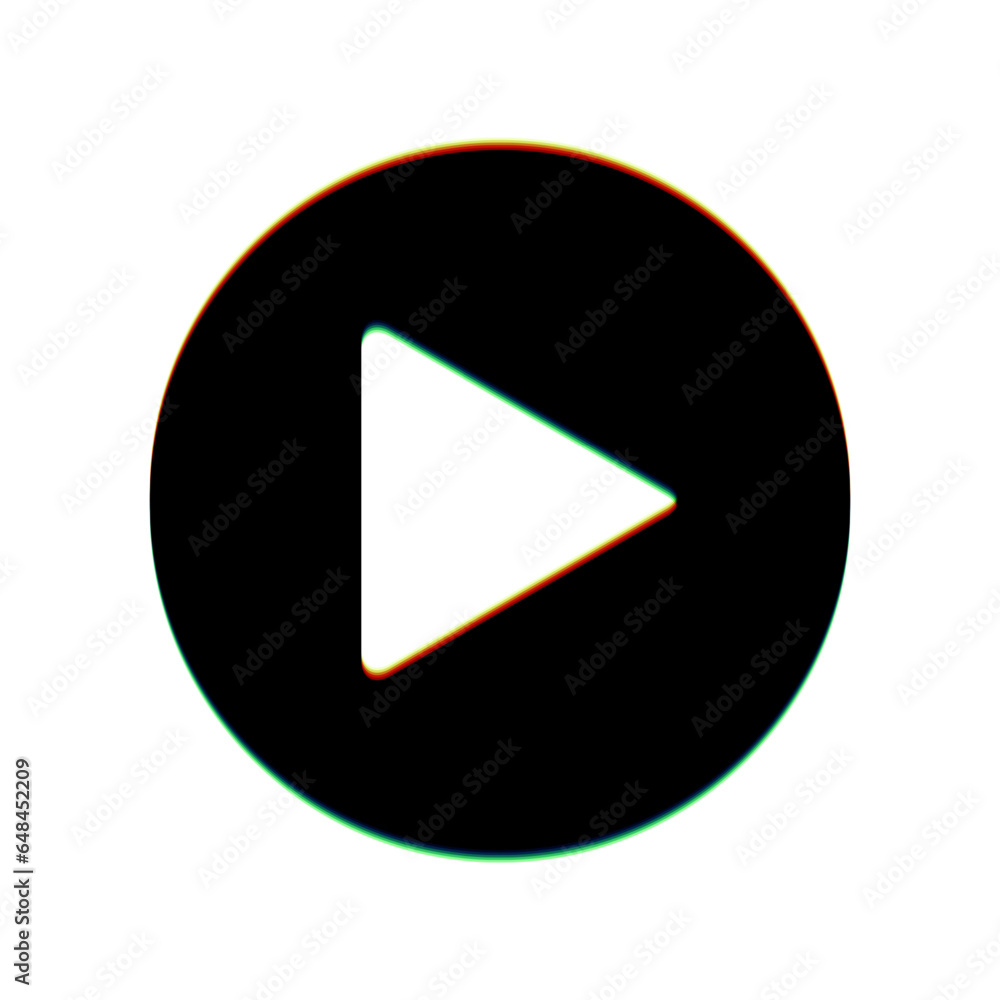 Aufkleber play button icon with hand sign. black icon with vertical effect of color edge aberration at white b