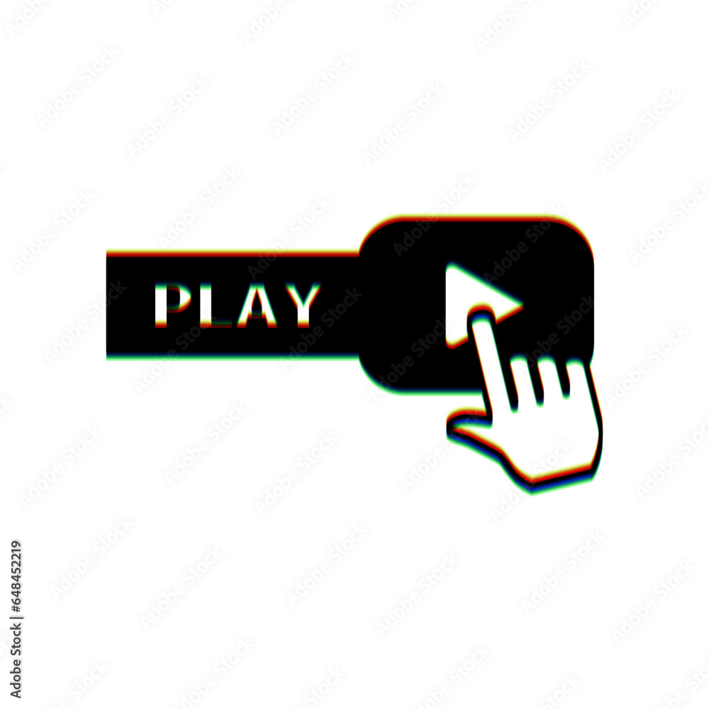 Aufkleber play button icon with hand sign. black icon with vertical effect of color edge aberration at white b