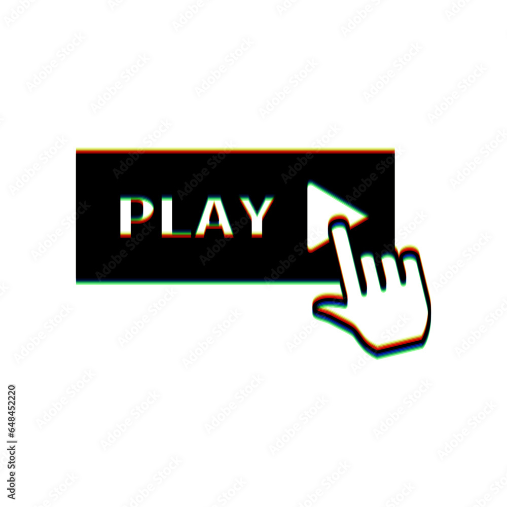 Poster play button icon with hand sign. black icon with vertical effect of color edge aberration at white b