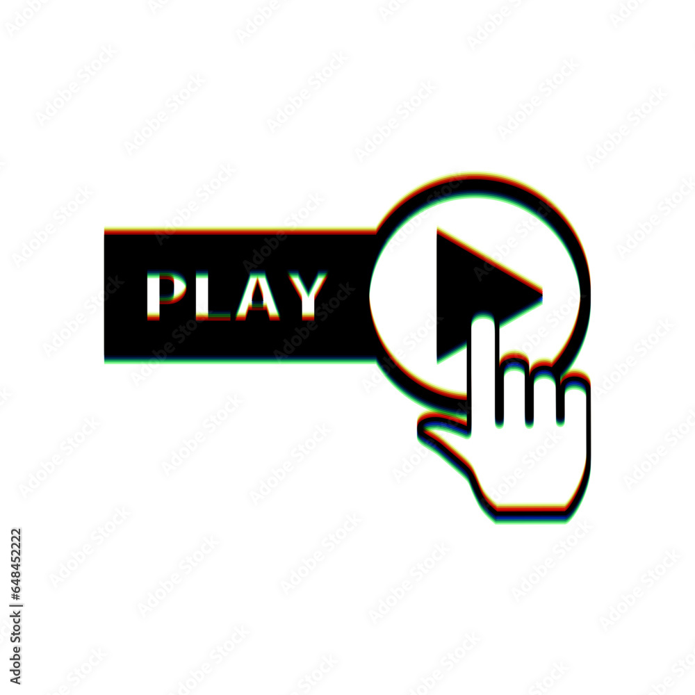 Poster play button icon with hand sign. black icon with vertical effect of color edge aberration at white b