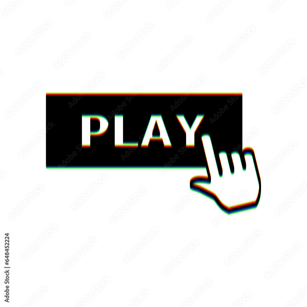 Aufkleber play button icon with hand sign. black icon with vertical effect of color edge aberration at white b