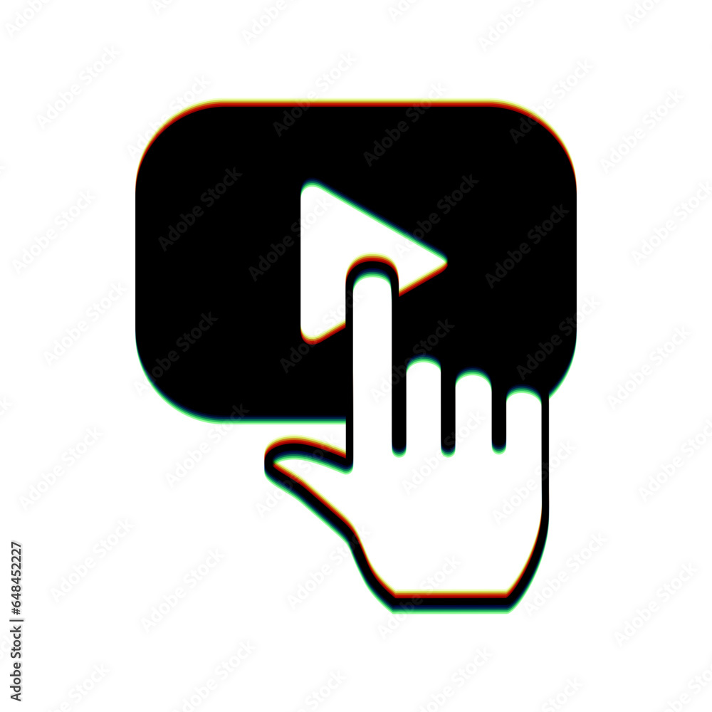 Aufkleber play button icon with hand sign. black icon with vertical effect of color edge aberration at white b