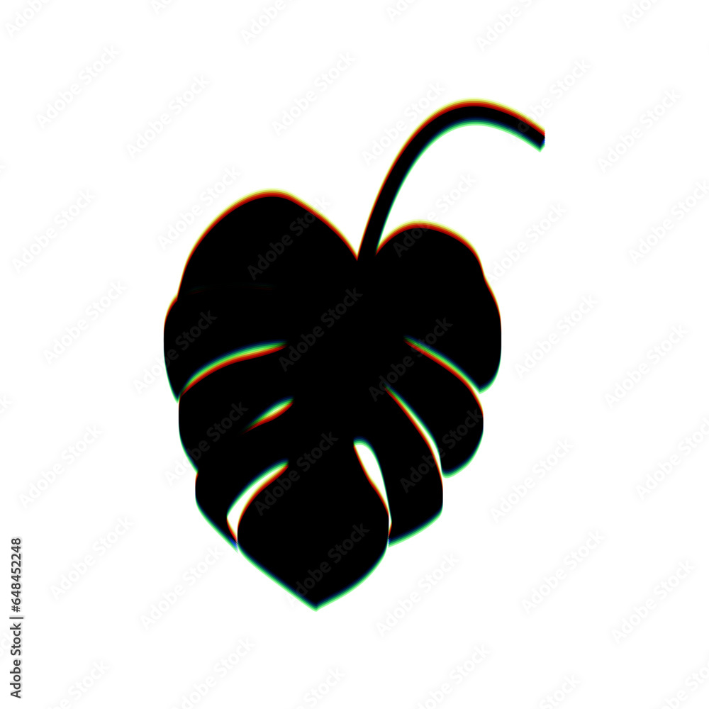 Poster leaf sign. black icon with vertical effect of color edge aberration at white background. illustratio