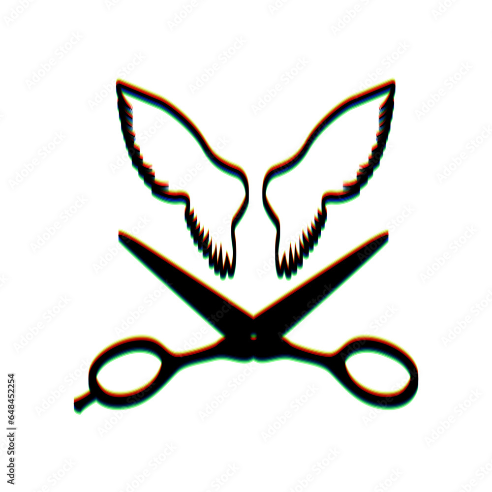 Aufkleber wings and scissors sign. black icon with vertical effect of color edge aberration at white backgroun