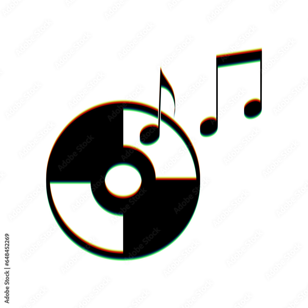 Aufkleber compact disk with music notes sign. black icon with vertical effect of color edge aberration at whit