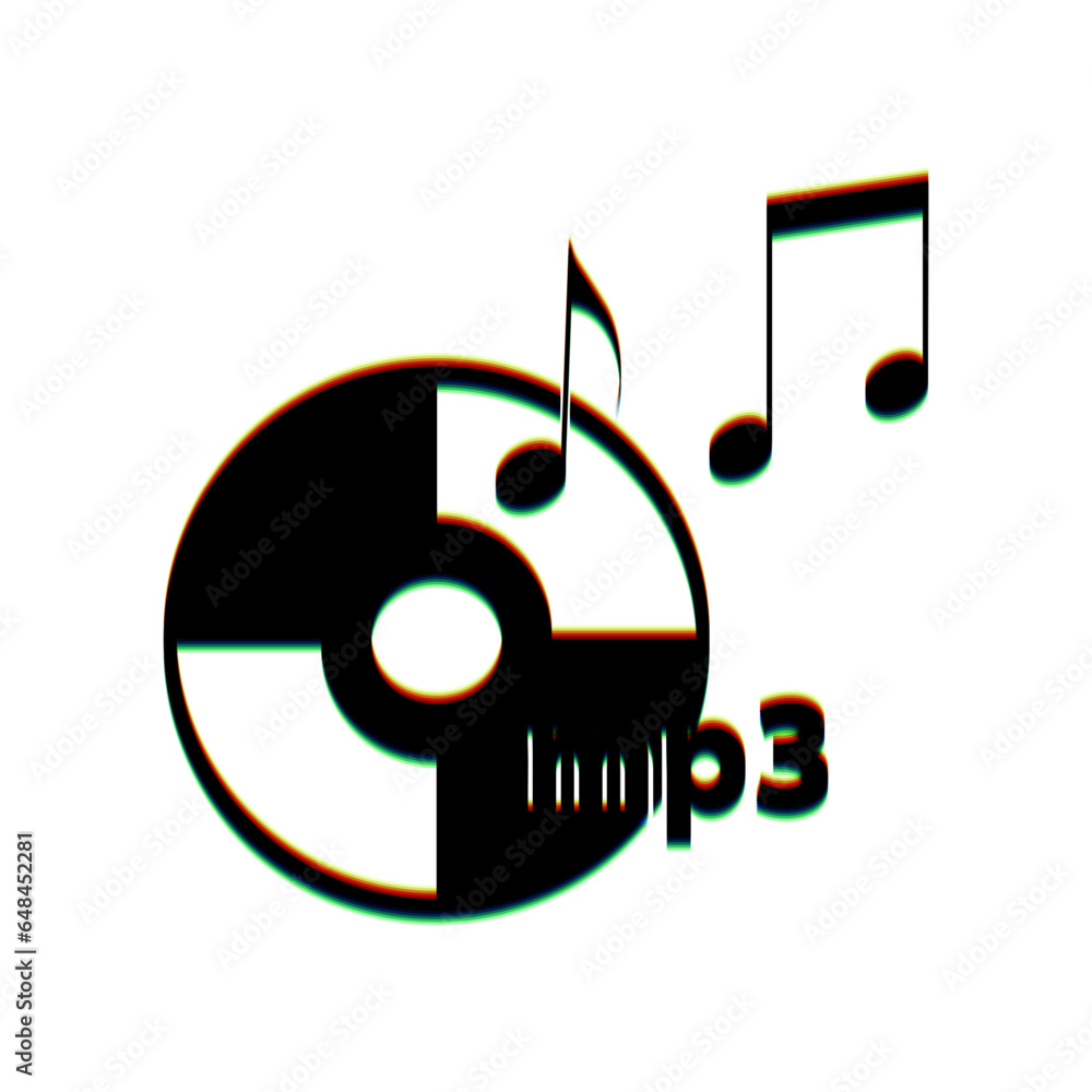 Poster compact disk with music notes. mp3 sign. black icon with vertical effect of color edge aberration at