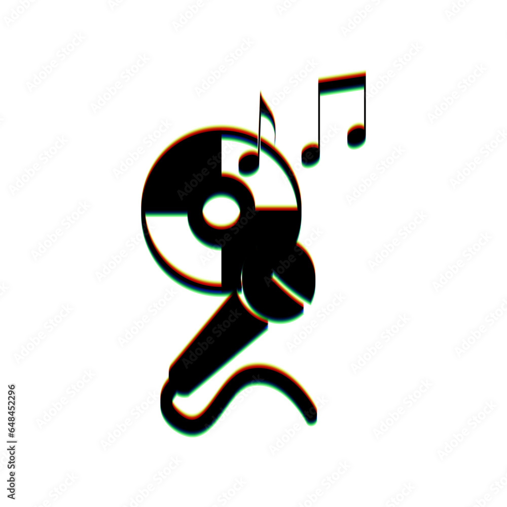 Poster Compact disk with music notes and microphone sign. Black Icon with vertical effect of color edge aberration at white background. Illustration.