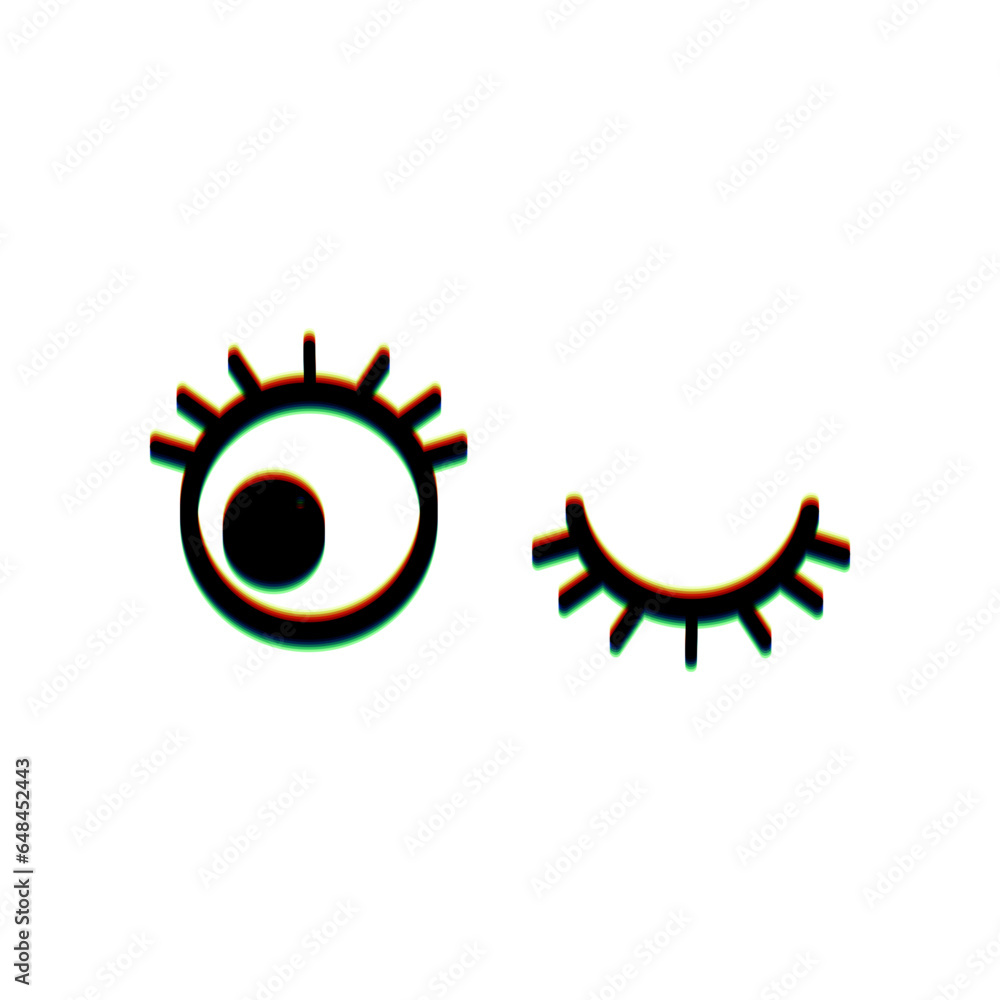 Poster open cartoon left eye and closed right one. black icon with vertical effect of color edge aberration