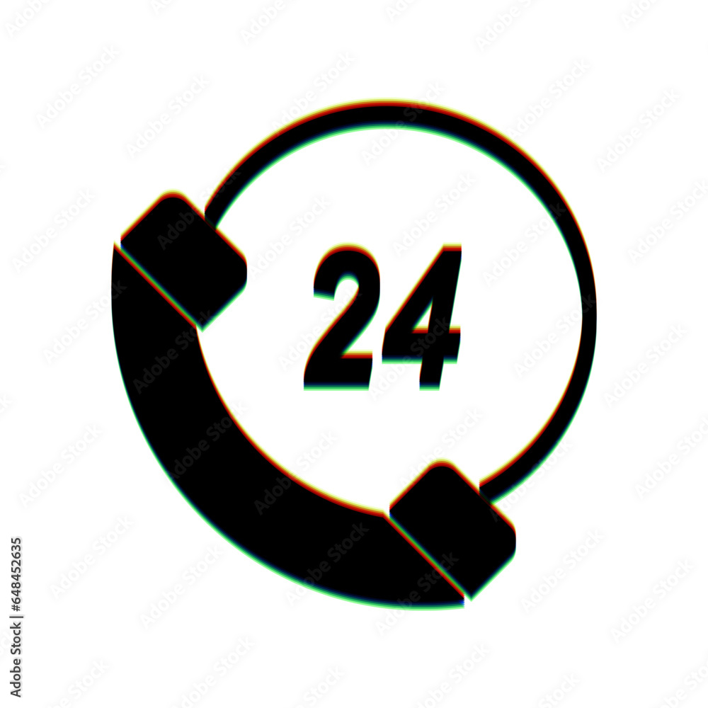 Aufkleber support 24 hours sign. black icon with vertical effect of color edge aberration at white background.