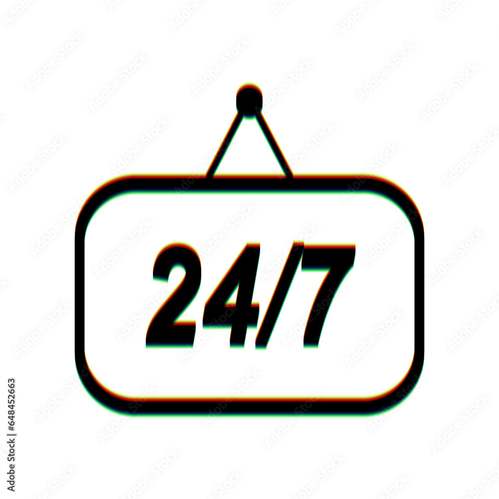 Aufkleber support 24 hours sign. black icon with vertical effect of color edge aberration at white background.