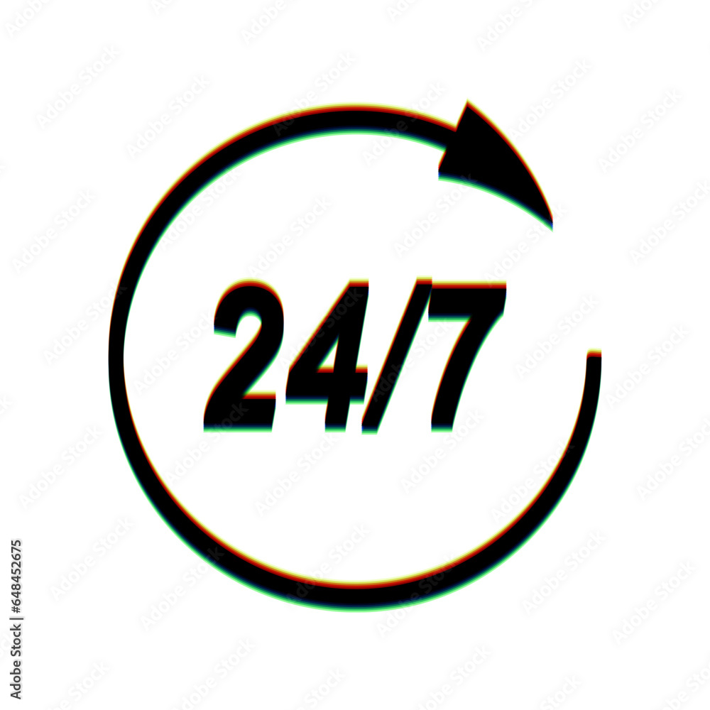 Aufkleber support 24 hours sign. black icon with vertical effect of color edge aberration at white background.