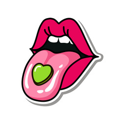 Lips with tongue. Open female mouth, red lips and tongue hanging out with a pill on it. Acid drug lying in oral cavity close up view. Love addiction heart pill. Vector illustration