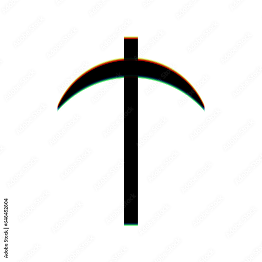 Poster pickaxe sign. black icon with vertical effect of color edge aberration at white background. illustra