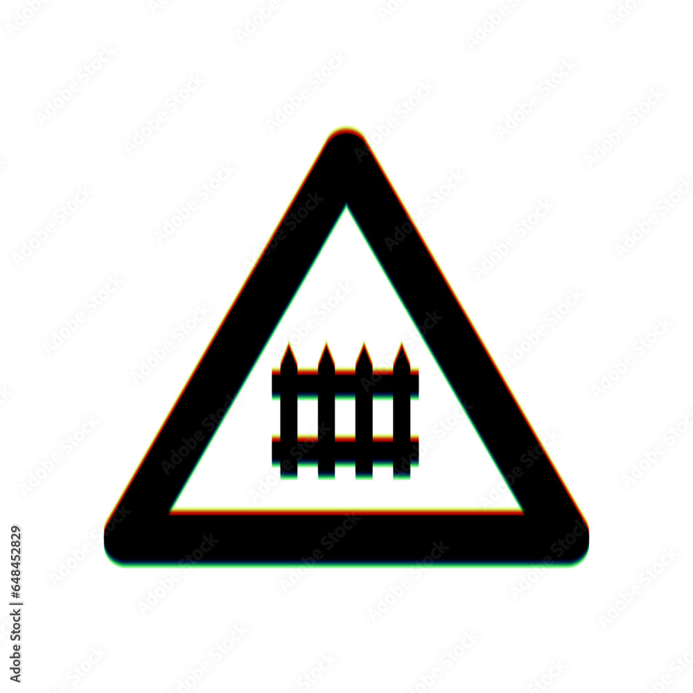 Poster railway intersection sign. black icon with vertical effect of color edge aberration at white backgro