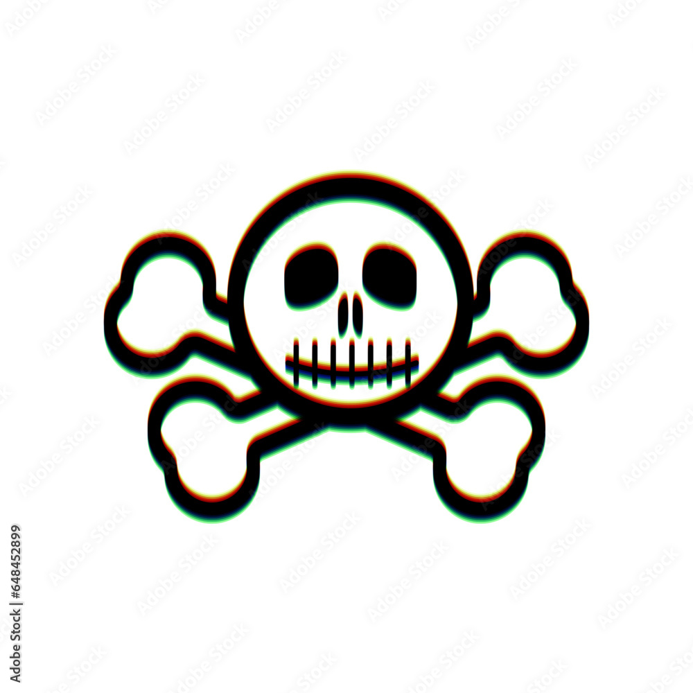 Poster crossbones sign. black icon with vertical effect of color edge aberration at white background. illus