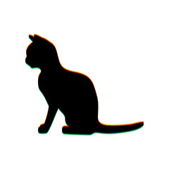 Silhouette of cat. Black Icon with vertical effect of color edge aberration at white background. Illustration.