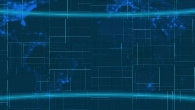 Abstract digital world map with grid lines animated on a blue background.