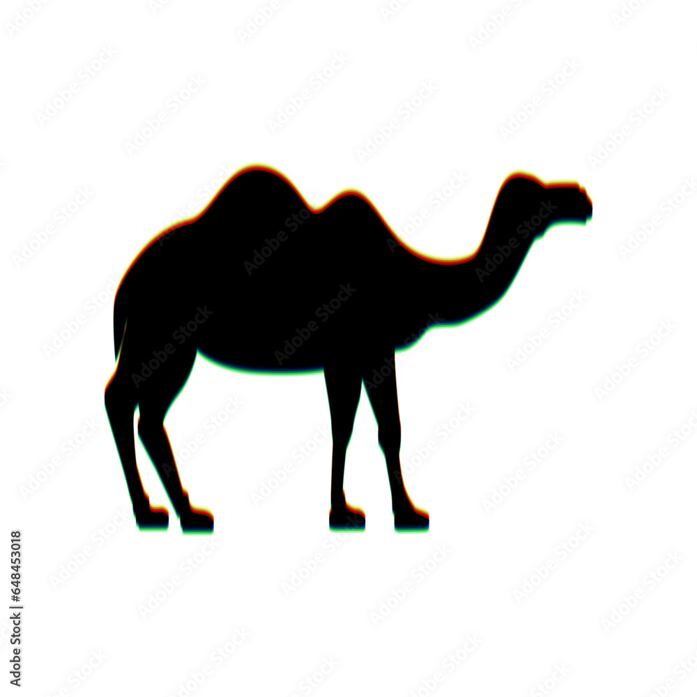 Poster camel silhouette sign. black icon with vertical effect of color edge aberration at white background.
