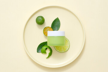 Minimalist concept for advertising cosmetic with natural ingredient rich in vitamin C. A green...