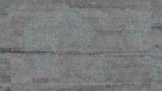 Animated digital glitch background with distorted signal patterns and data corruption effects, in shades of gray and subtle cyan.