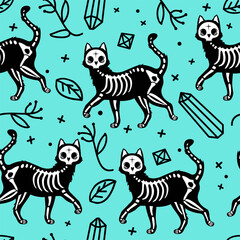Seamless vector pattern with cute cat skeletons and flowers and crystals. Cat Skull bone skeleton. Many witchcraft cats. Ghost Halloween, Day of the Dead. Background wallpaper.