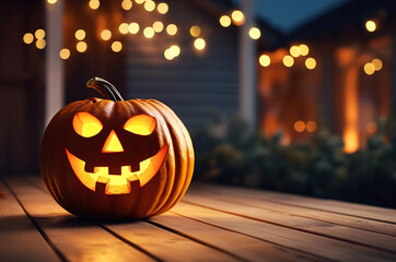 One spooky halloween pumpkin, Jack O Lantern, with an evil face and eyes on a wooden board, table with a night background 