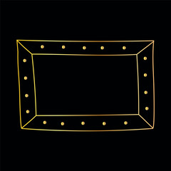 Doodle hand drawn golden frame isolated on black background. Square frame for photos and paintings, minimalistic line art illustration in retro style.