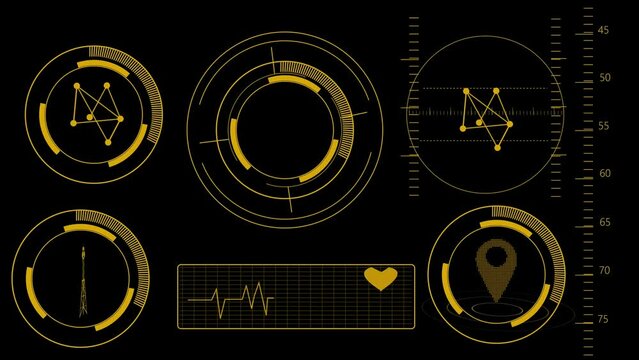 Futuristic yellow HUD interface with circular elements, graphs, and world map on a black background.