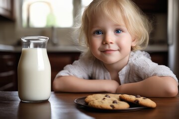 little child drinking milk and cookies