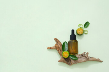 A product bottle mockup displayed with dry twig, kumquat slices and leaves on green background. Copy space for cosmetics, business branding and product presentation