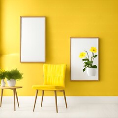 Interior of a living room with a frame on a work table and a blank yellow wall, Generative AI.