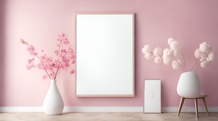 mock-up poster frame with pink interior background in a contemporary home's living room, Generative AI.