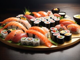 a mouthwatering sushi platter with an assortment of nigiri, maki, and sashimi.