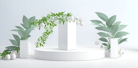 On a white background, a stone product display pedestal features natural foliage. rendering in 3D, Generative AI.