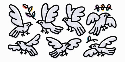 quirky cute dove cartoon outline vector logo icon illustration set