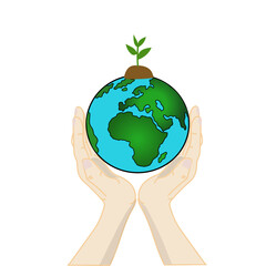 Hands holding the earth with the young plant are growing ,World earth day concept.Save the world.