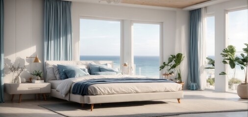 A contemporary bedroom with a beachy feel, decorated in white and blue, with a comfortable bed and a big window overlooking the ocean.