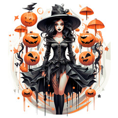 drawing of halloween witch surrounded by pumpkins on white background