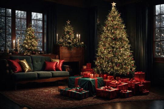 In the dark living room, a decorated Christmas tree with a wrapped gift under christmas tree