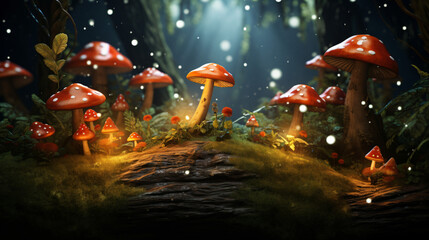 Fantasy magical Mushrooms glade and ladybug - obrazy, fototapety, plakaty