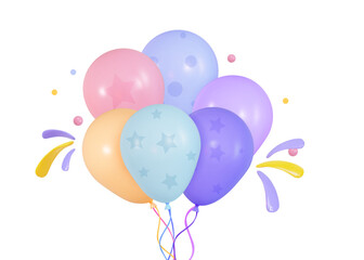 A bunch of 3d balloons with flying confetti and fireworks. For birthday, new year, wedding. 3d vector illustration